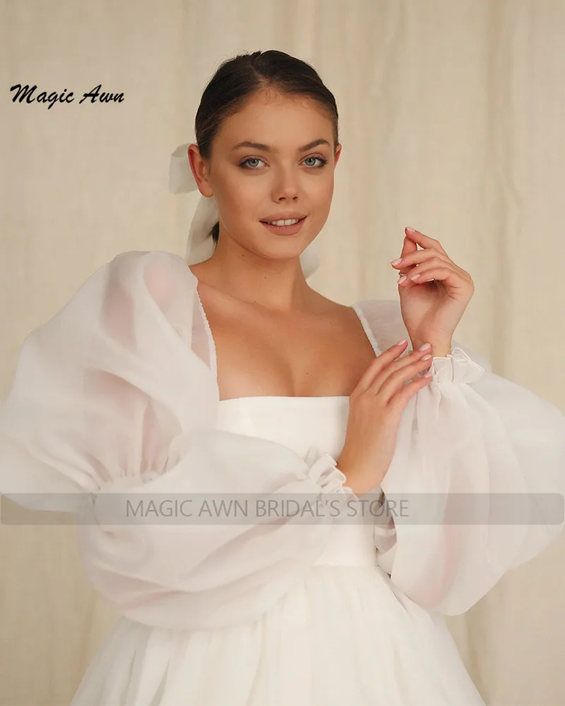 Magic Awn New Off The Shoulder Wedding Dresses Short Boho Puffy Sleeves Illusion A-Line Mini Bridal Gowns Lace-Up Back Robes