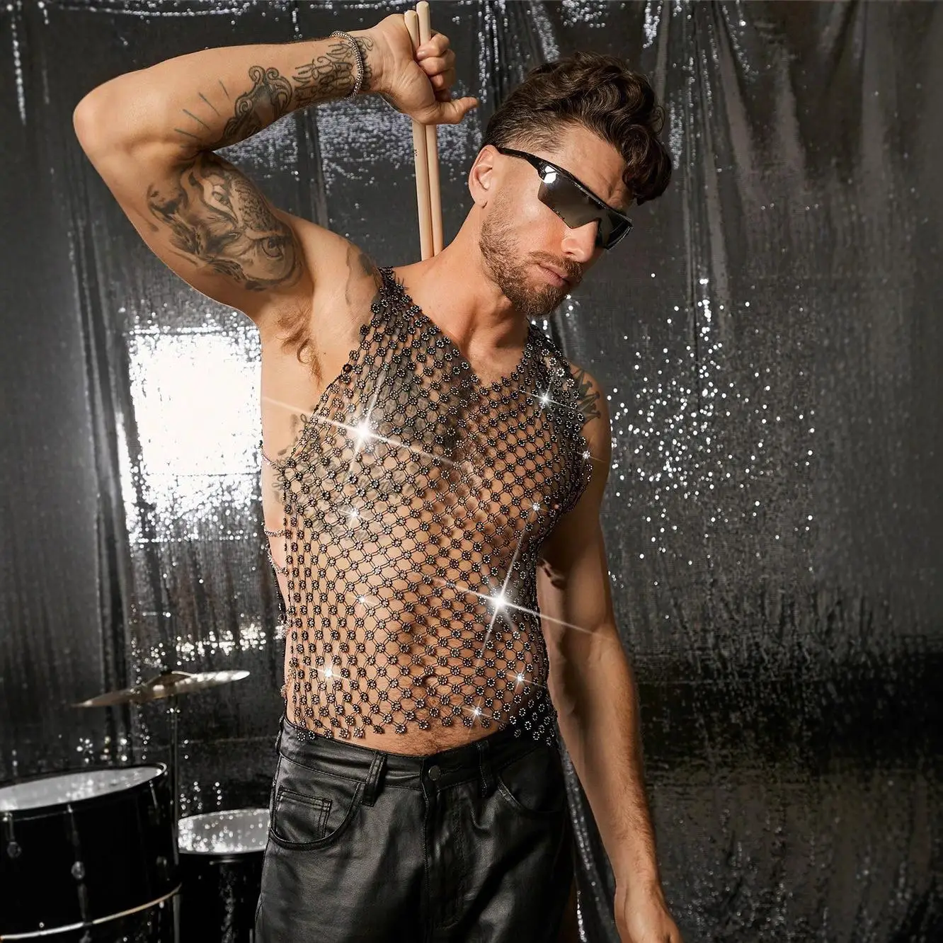 مثير الجوف خارج الماس الرجال تانك الأعلى انظر قوية الاسمية irt الرجالية وصول جديد متوهجة الماس نادي ليلة الزي الأعلى #2