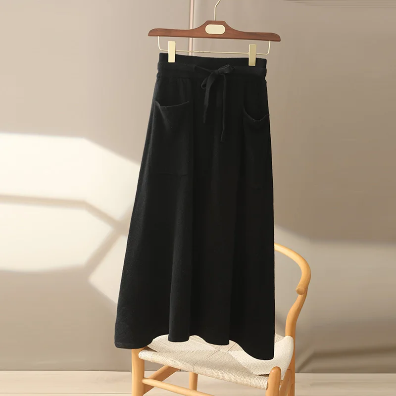 Autumn And Winter100% Pure Wool Skirt Women\'s Long Pocket Small A Skirt High Waist Slim Cashmere Knit A-Line Skirt