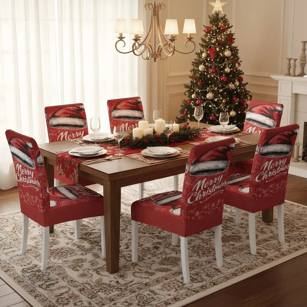 

4/6 шт., чехлы на стулья с Рождеством, рождественская шляпа с принтом, праздничные чехлы на стулья для дома, подходят для украшения гостиной, кухни