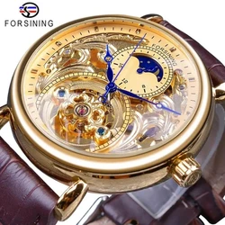 Forsining Top Brand Royal Golden Skeleton Display Blue Hands Brown Genuine Leather Belt Mens Mechanical Wristwatches Clock Male