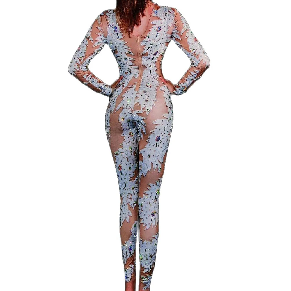 Party Evening Costume White Leaf Pattern Printing Jumpsuits Stretch Outfit Rhinestones Sparkling Bar Show Nightclub Costumes