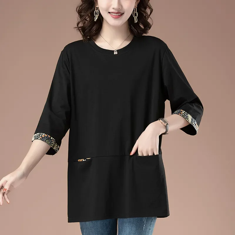 

Women's Navy Blue 3/4 Sleeve Blouse with Gold Trim Loose Fit Casual Tunic Top