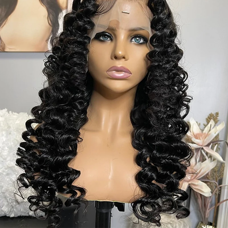 Wig Depan Renda Gelombang Dalam Longgar Wig Rambut Manusia Campuran Wig Keriting Depan Renda Sintetis Tahan Panas untuk Wanita 180% Penggunaan Sehari-hari