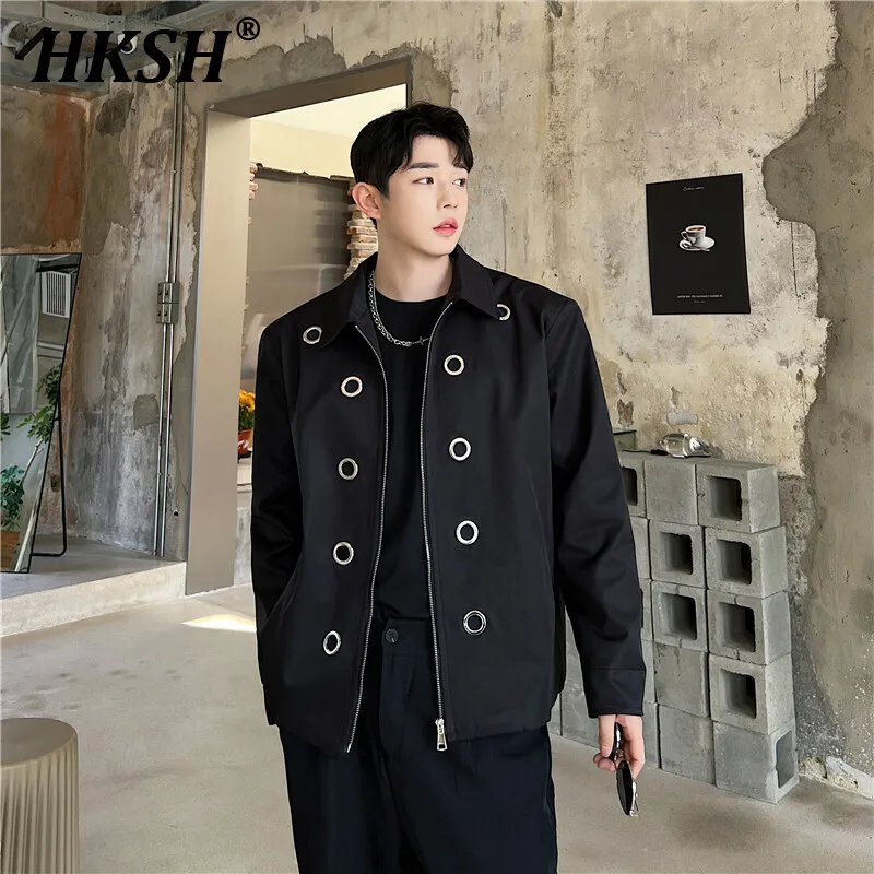 

HKSH Autumn Spring New Men's Tide Dark Fashion Trendy Metal Circular Hole Design Korean Casual Style Jackets Chic Coats HK2407