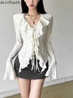 Temperament Lady Tops White Blouses Women Long Sleeve Bandage Tunic Fashion Irregular Sweet Ruffles Shirts 2025 Camisas De Mujer