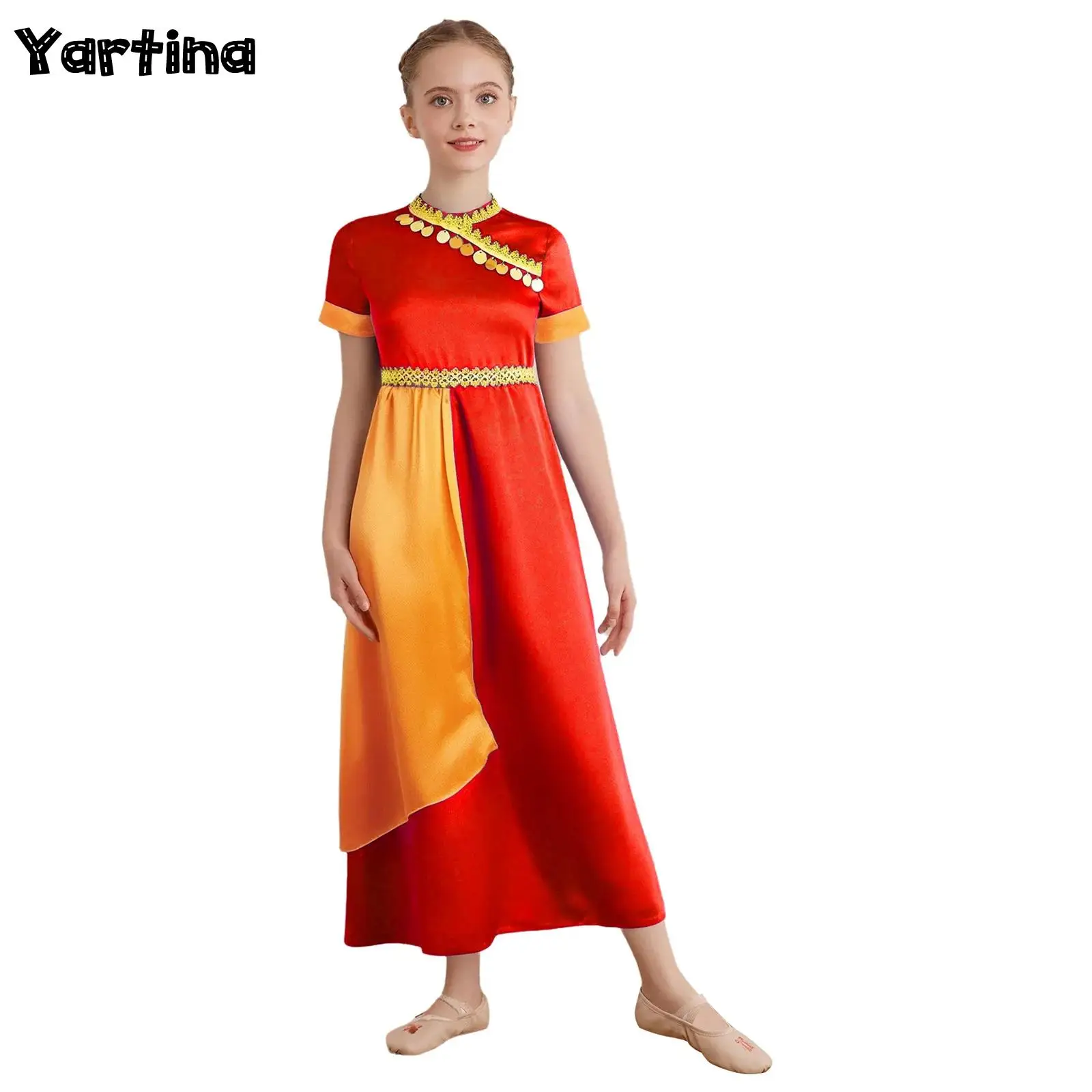 

Girls Saree Indian State Dance Costume Short Sleeve Gold Trim Gold Circles Color Contrast Halloween Dress Up Cosplay Costume