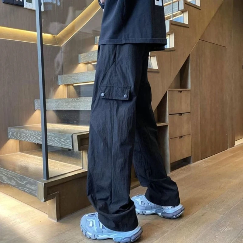 Męskie spodnie robocze szerokie cargo, dresowe, gładkie, tanie, nylonowe, w stylu koreańskim Y2k vintage streetwear, wysokiej jakości.
