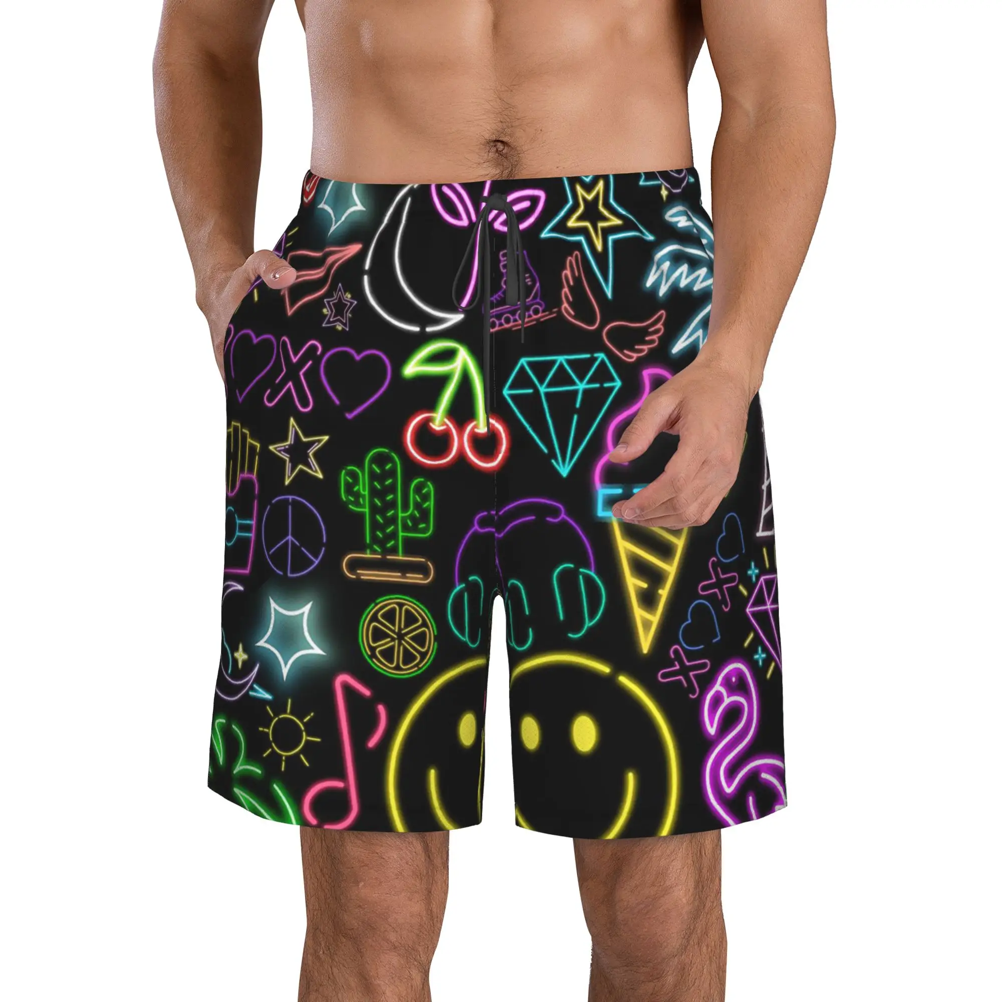 Neon Colorful Graffiti Tropical Elements Trunks Beach Board Shorts Casual Quick Dry Swim Summer Men Pants