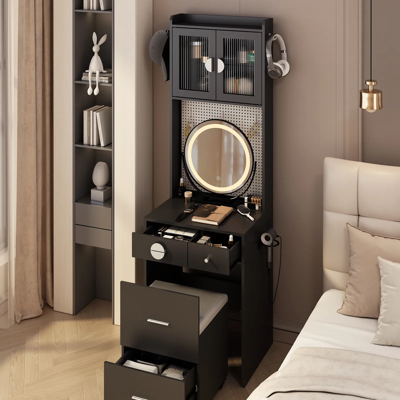 

Small Vanity Desk with Mirror and LED Lights, Makeup Table with Charging Station and drawers and Storage Shelves for Small Space