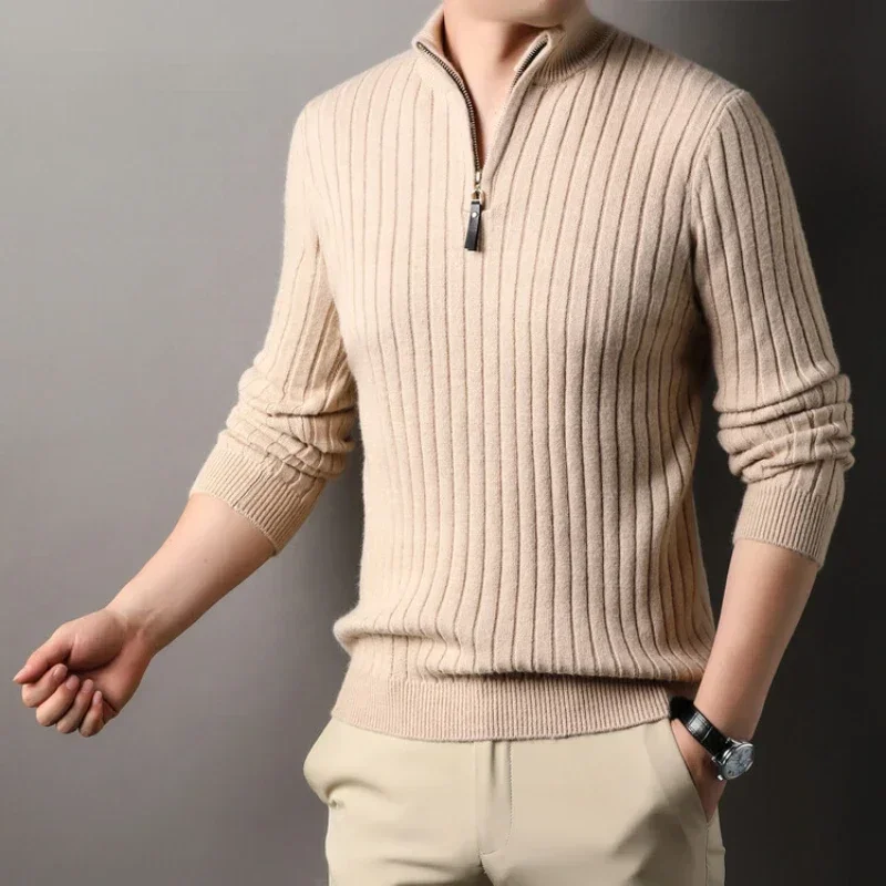 Men's Quarter Zipper Sweater for Autumn and Winter, Slim Fit and Casual Knit Stand Up Collar and Lapel Knit Sweater