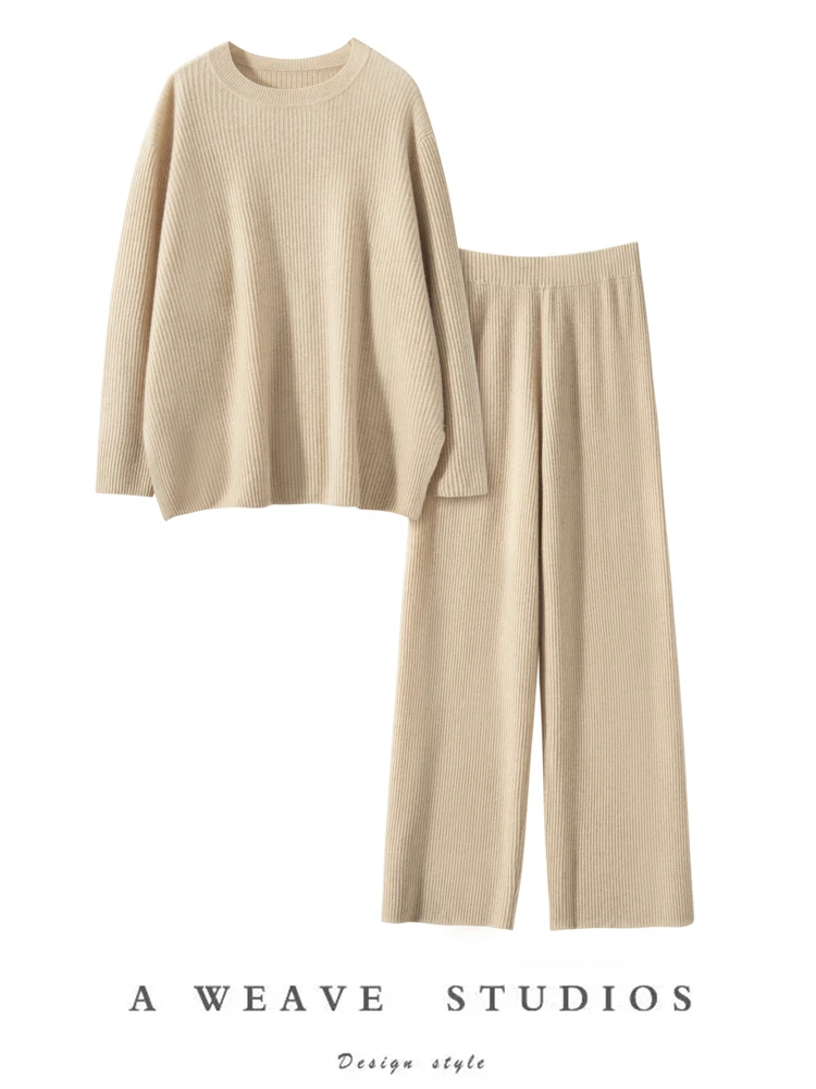 

Korean Autumn Winter Sweater Suite Women's Pullover Straight Pants Set 100% Cashmere Sweater Trousers Elasticity Knit Loose Set