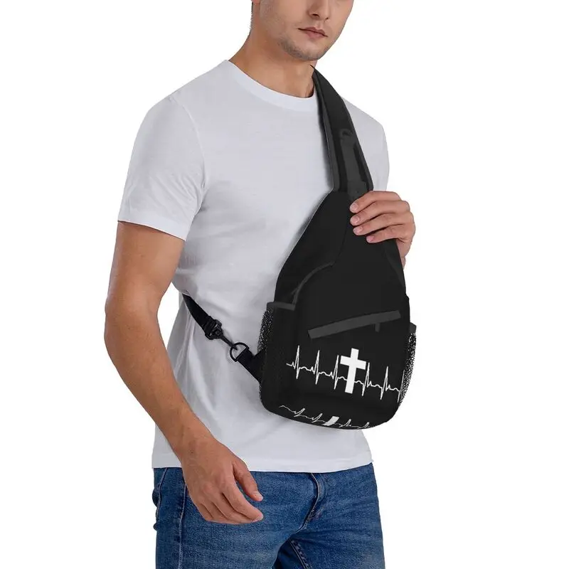 Cross Jesus Heartbeat Sling Chest Bag Customized Christian Shoulder Crossbody Backpack for Men Cycling Camping Daypack