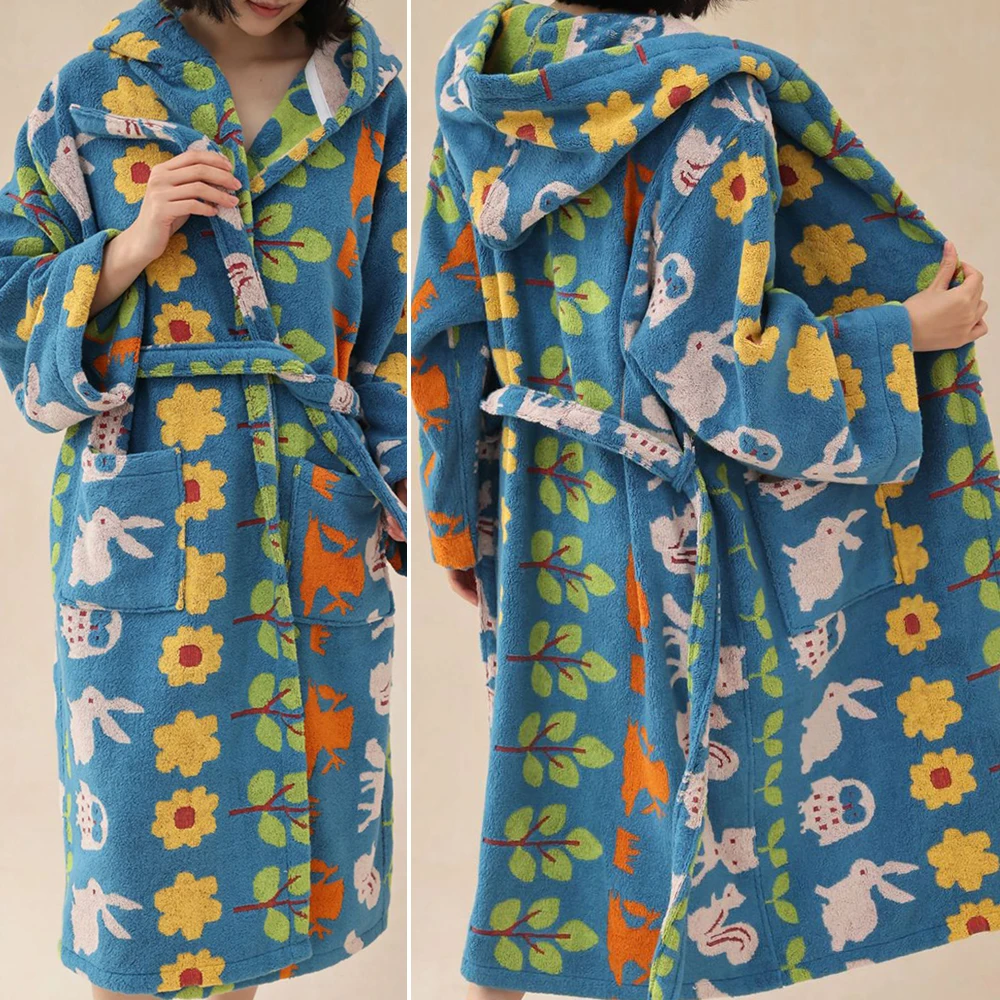 Autumn Winter Cotton Long Robe Adult Kids Terry Towel Hooded Kimono Bath Gown Thicken Warm Sleepwear Lounge Wear Loose Homewear