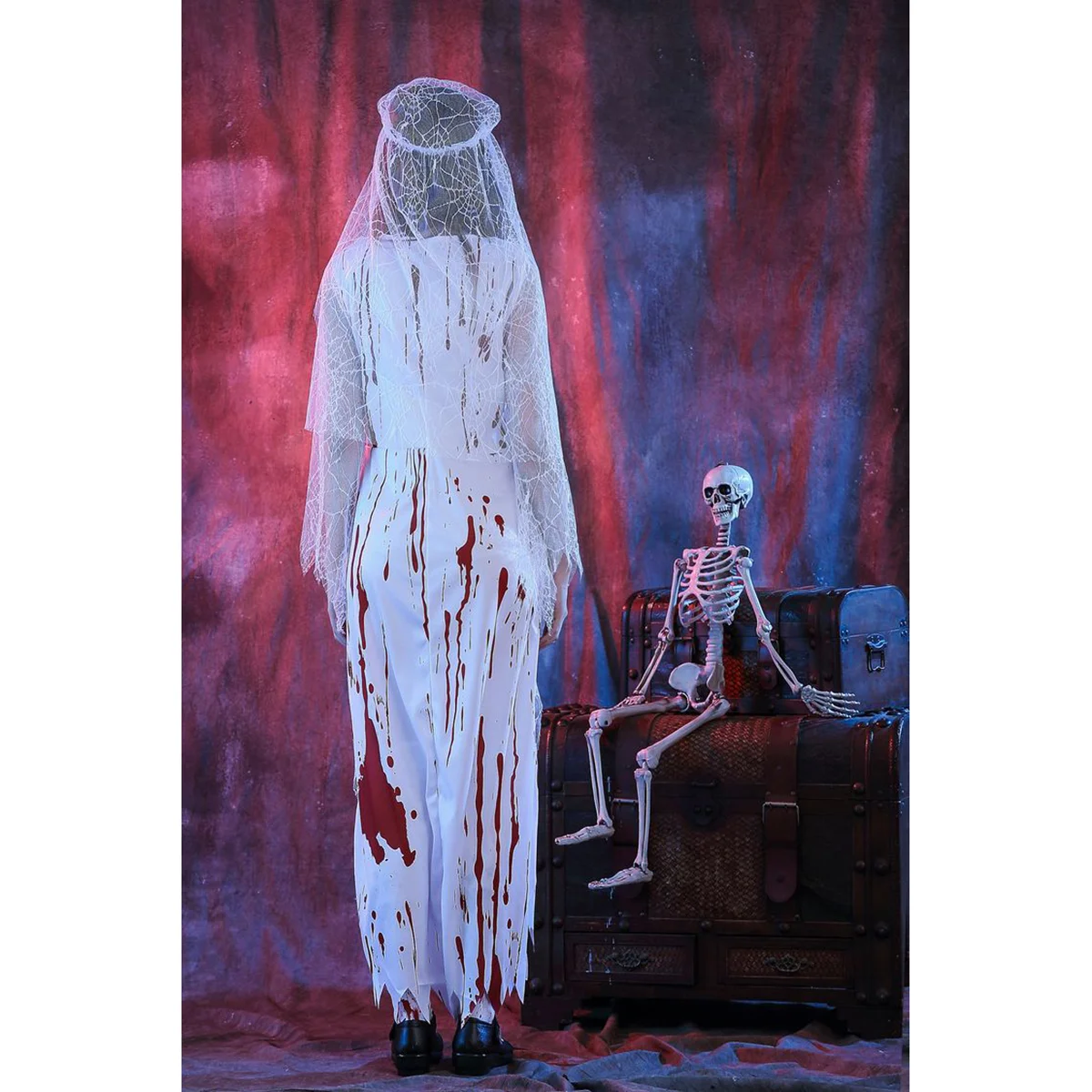 Adult Women's Irregular Blood Corpse Bride Halloween Long Dress Party Cosplay Costume with Veil - Size M (White)