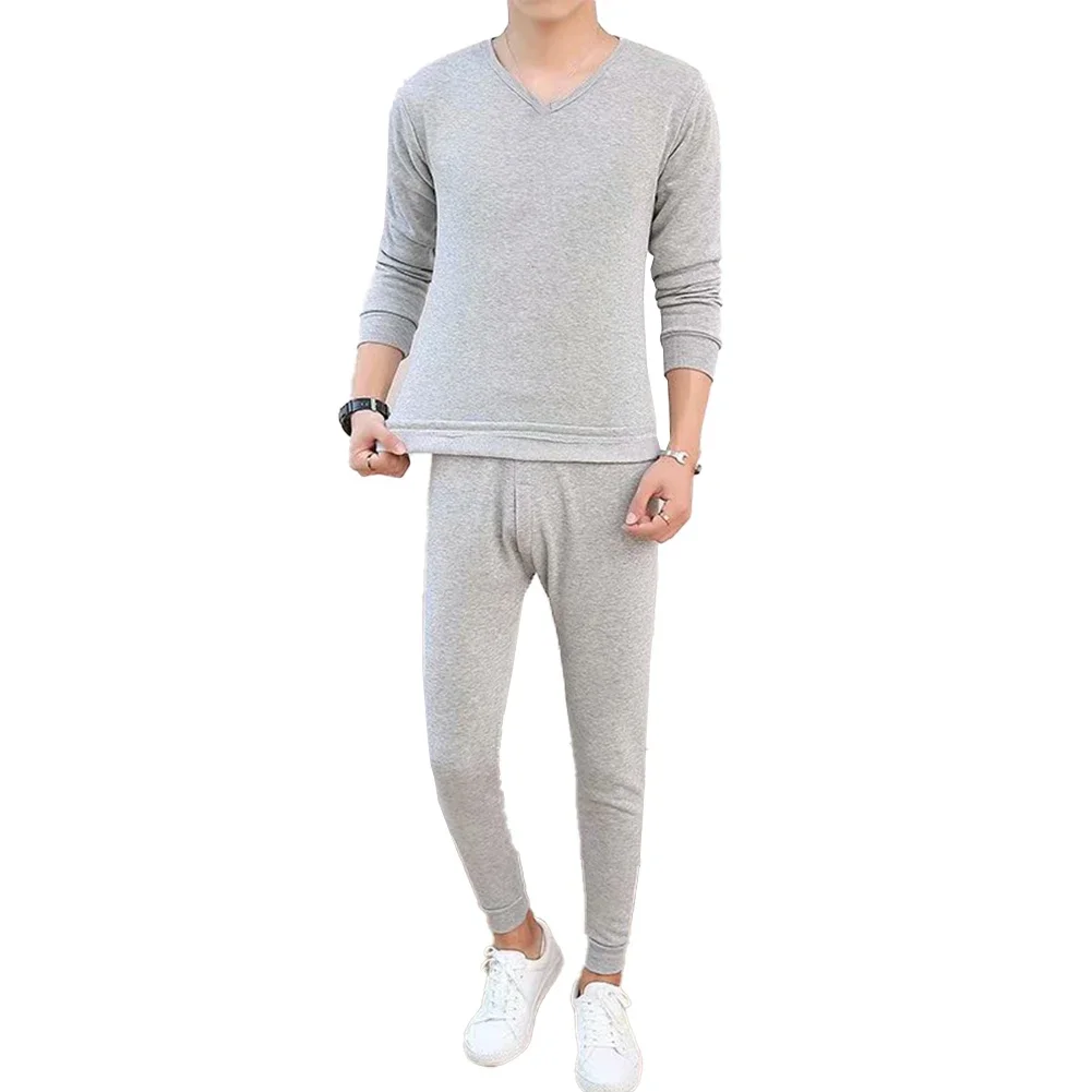 Men Winter Thermal Underwear Set Warm Ultra-Soft V Neck Long Johns Top Thick Bottom Trousers Solid Sleepwear Casual Homewear