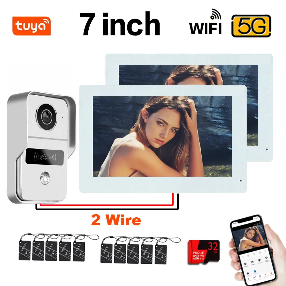 Nuevo Videoportero Inteligente Tuya para el Hogar, Intercomunicador con Video, Wifi 5G, 2 Cables, 2 Pantallas LCD de 7/10 Pulgadas, Sistema de Videoportero Inalámbrico, Desbloqueo por NFC y APP