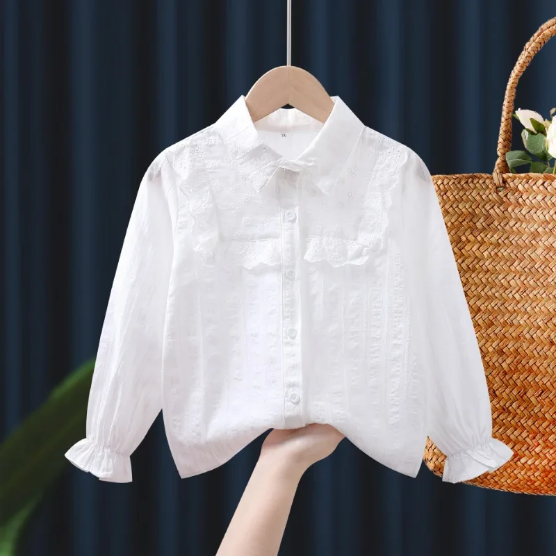 Girls White Blouse Lace Floral Girls Shirt Spring Autumn Blouse for Girls Casual School Clothes children 6 8 10 12 14