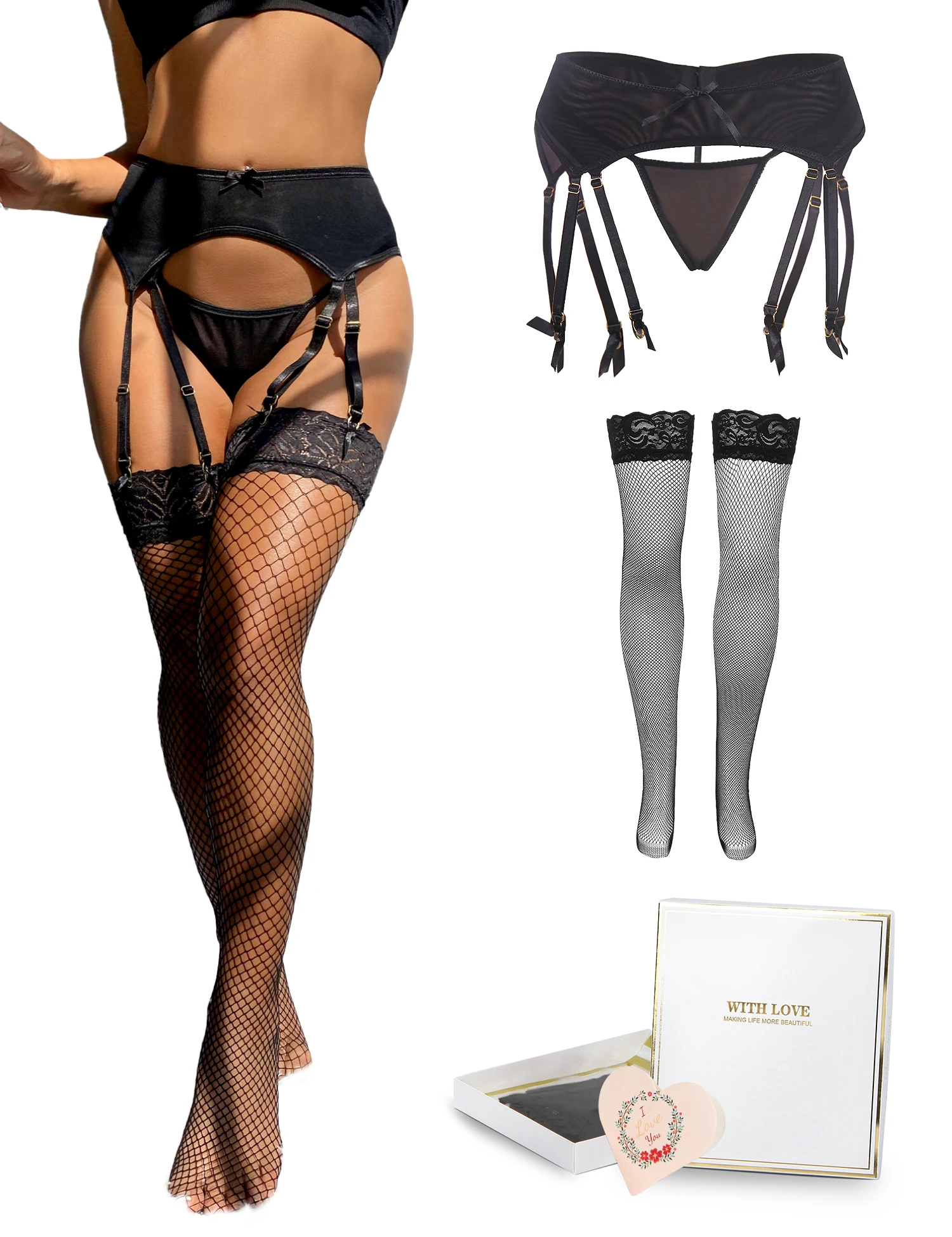 

Black Sexy Lingerie Set 5xl Lace Garter Belt + Panties + Fishnet Thigh High Stockings Dubble Anti-Slip Silicone Gift Box Package