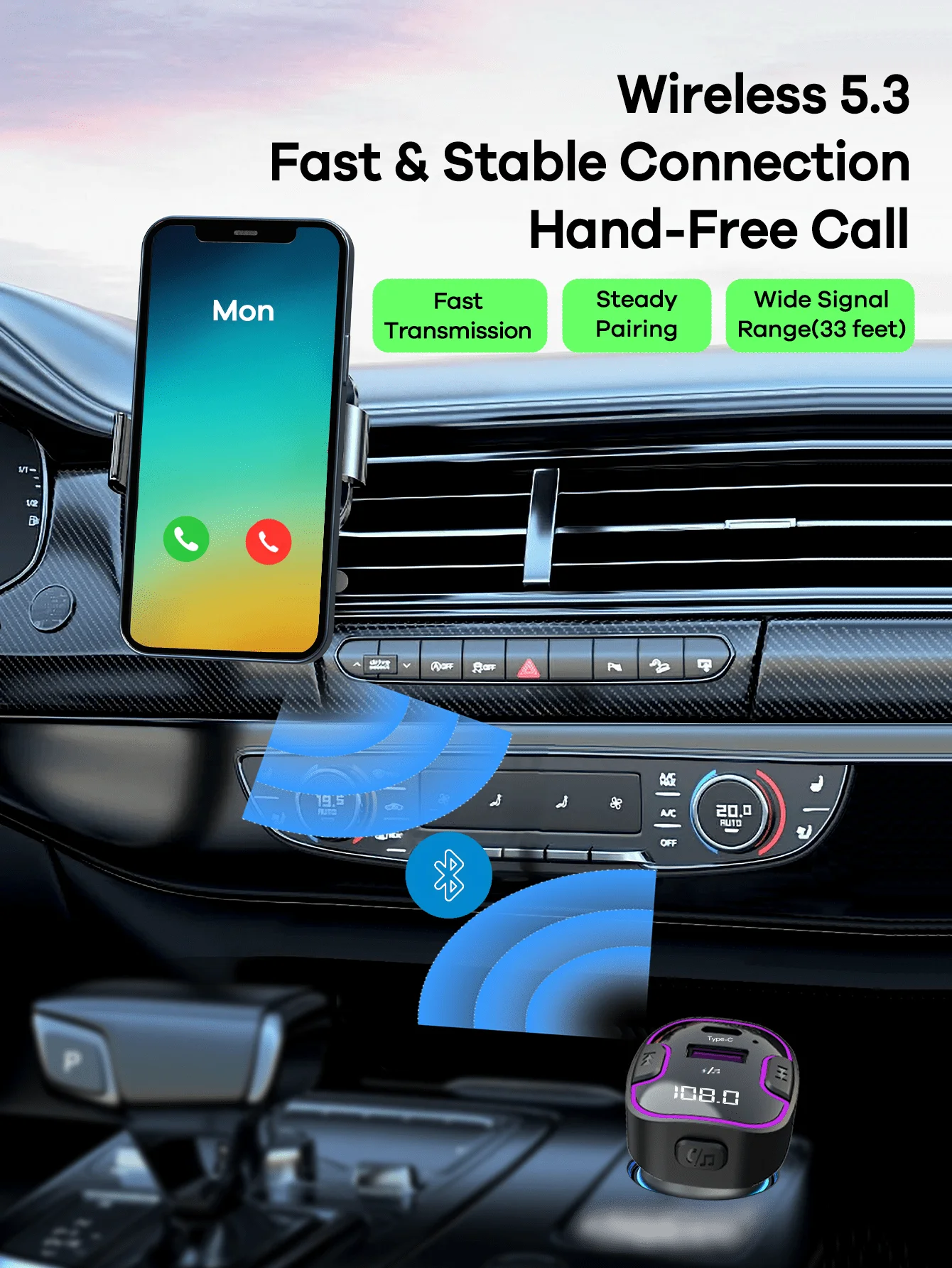 

Wireless Bluetooth 5.3 Car Adapter With FM Transmitter And Fast Charging