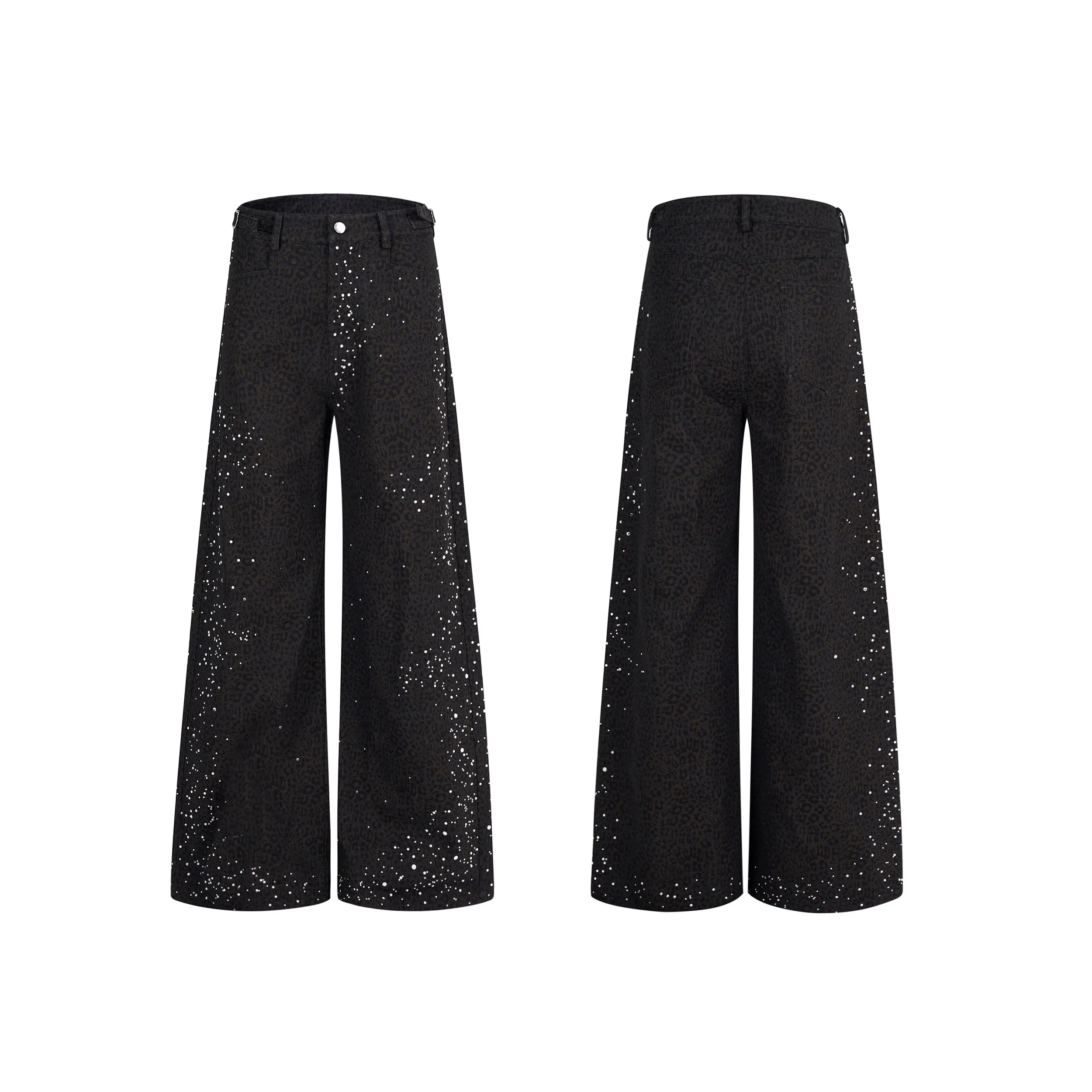 High Street Leopard Print Jeans Pants Men's Autumn New Style High-end Pearl Hot Stamping Wide Leg Streetwear Pants
