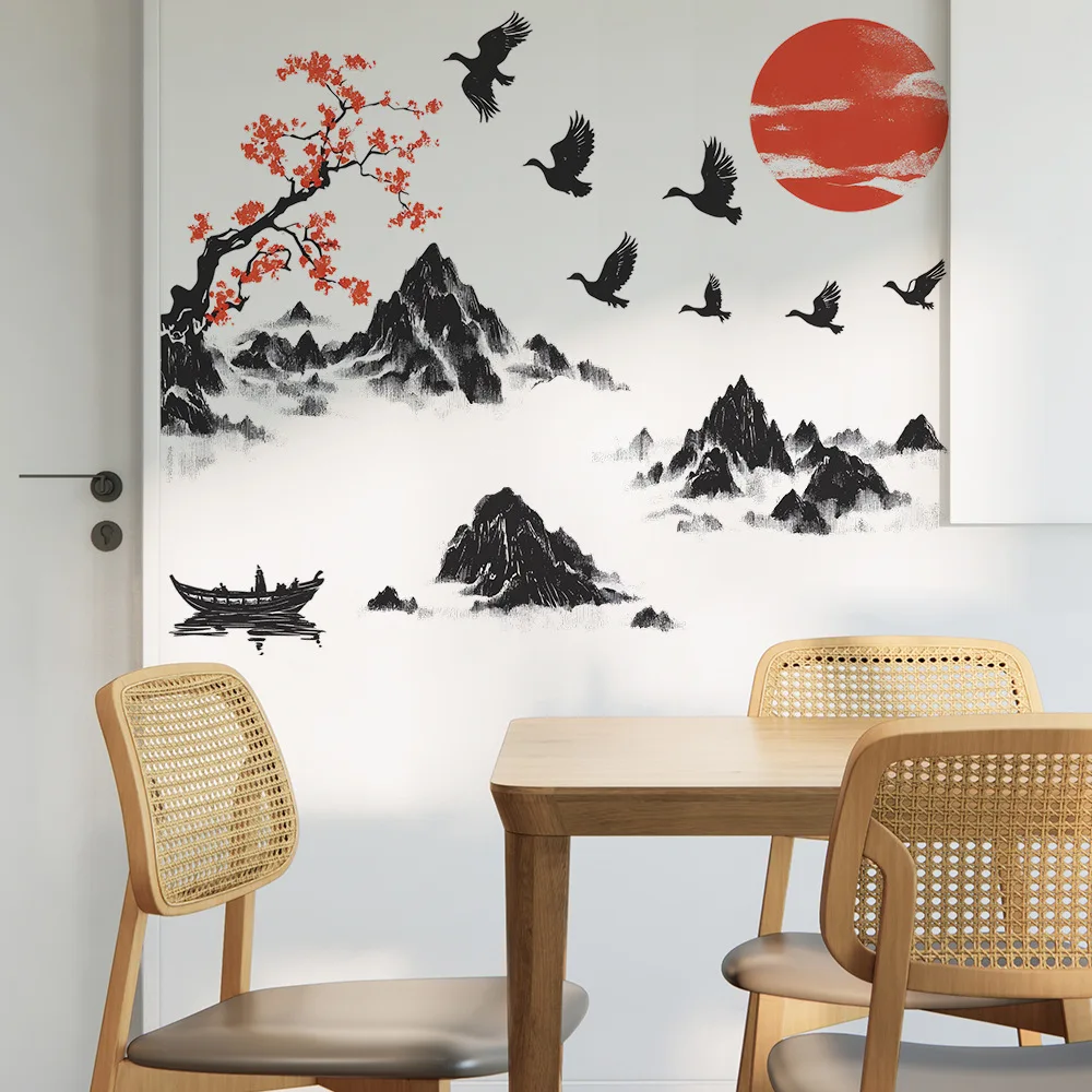Gaya Cina Lukisan Pemandangan Stiker Dinding Ruang Tamu Sofa Latar Belakang Dekorasi Lukisan Dinding Kamar Tidur Dekorasi Rumah Stiker Yang Dapat Dilepas