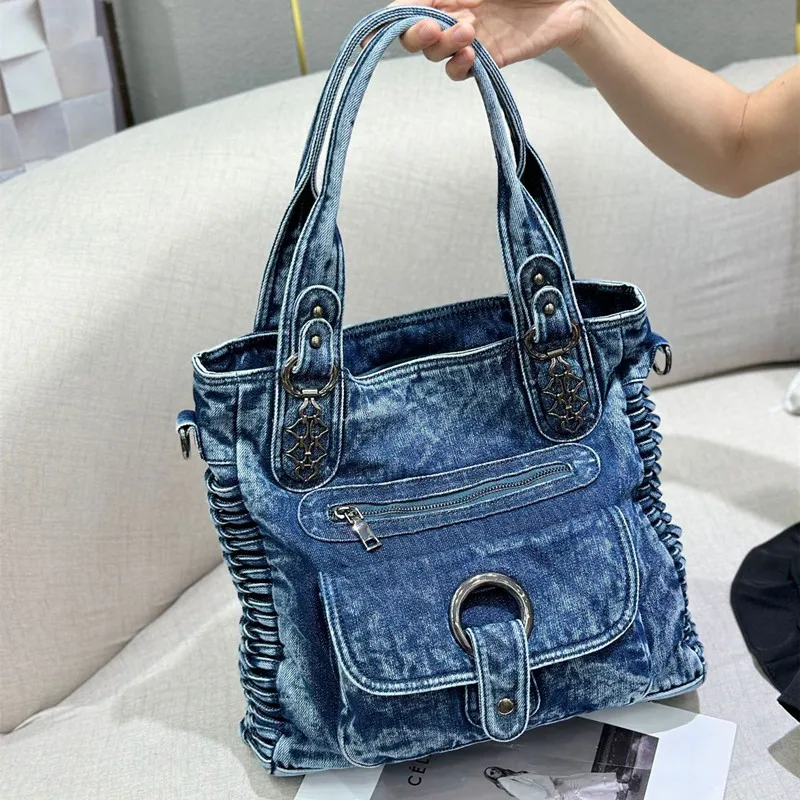 

Ladies' fashionable vintage Spice Girl motorcycle bag, Super large washed denim multi-pocket single-shoulder bag