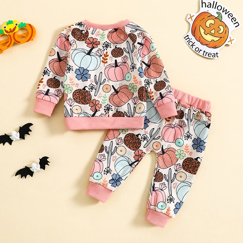 Baby Girl Fall Outfit Flower Pumpkin Print Long Sleeve Sweatshirts Elastic Waist Long Pants 2Pcs Halloween Clothes Set 0-3 Years image 3