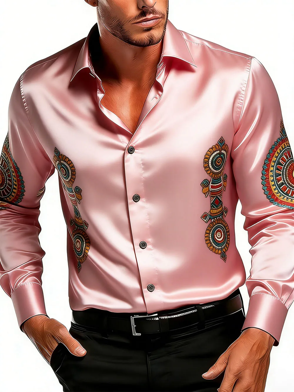 

Pink Satin Men's Long Sleeve Collar Shirt Fashionable High-Quality New