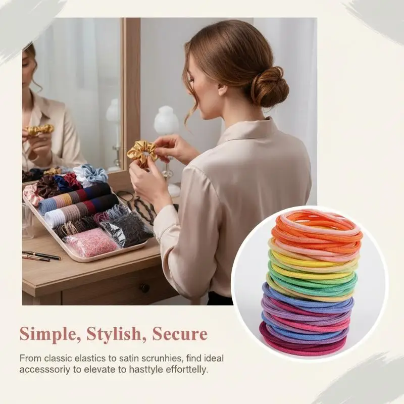Women Dark Hair Accessories Set Washable Reusable Seamless Elastic Ponytail Scrunchies Headbands for Long Term Daily Use