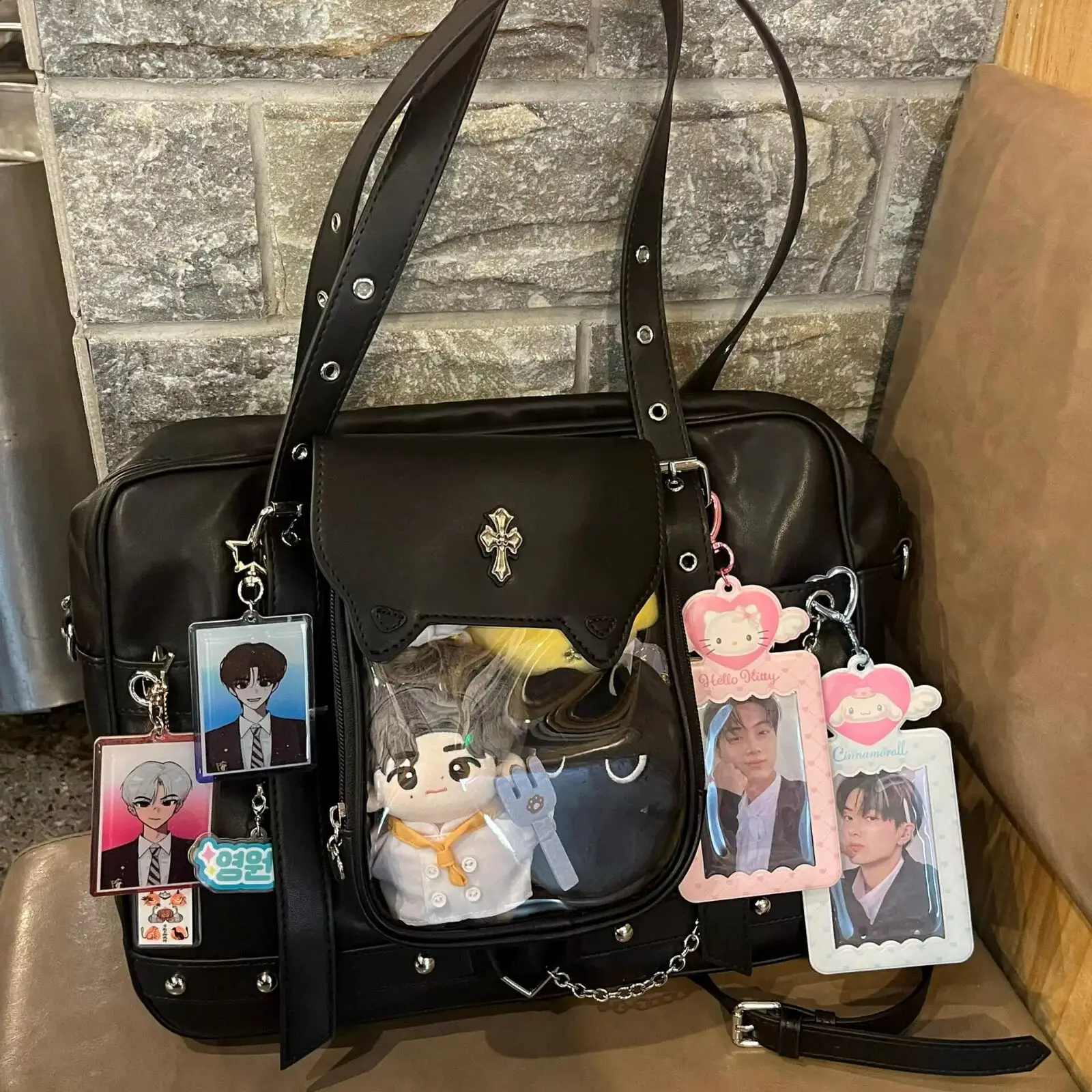 Y2K Black Ita Shoulder Bags Harajuku Girl Transparent Bag Fashion Women Large Capacity Casual Tote Bag Cute DIY Display Handbags