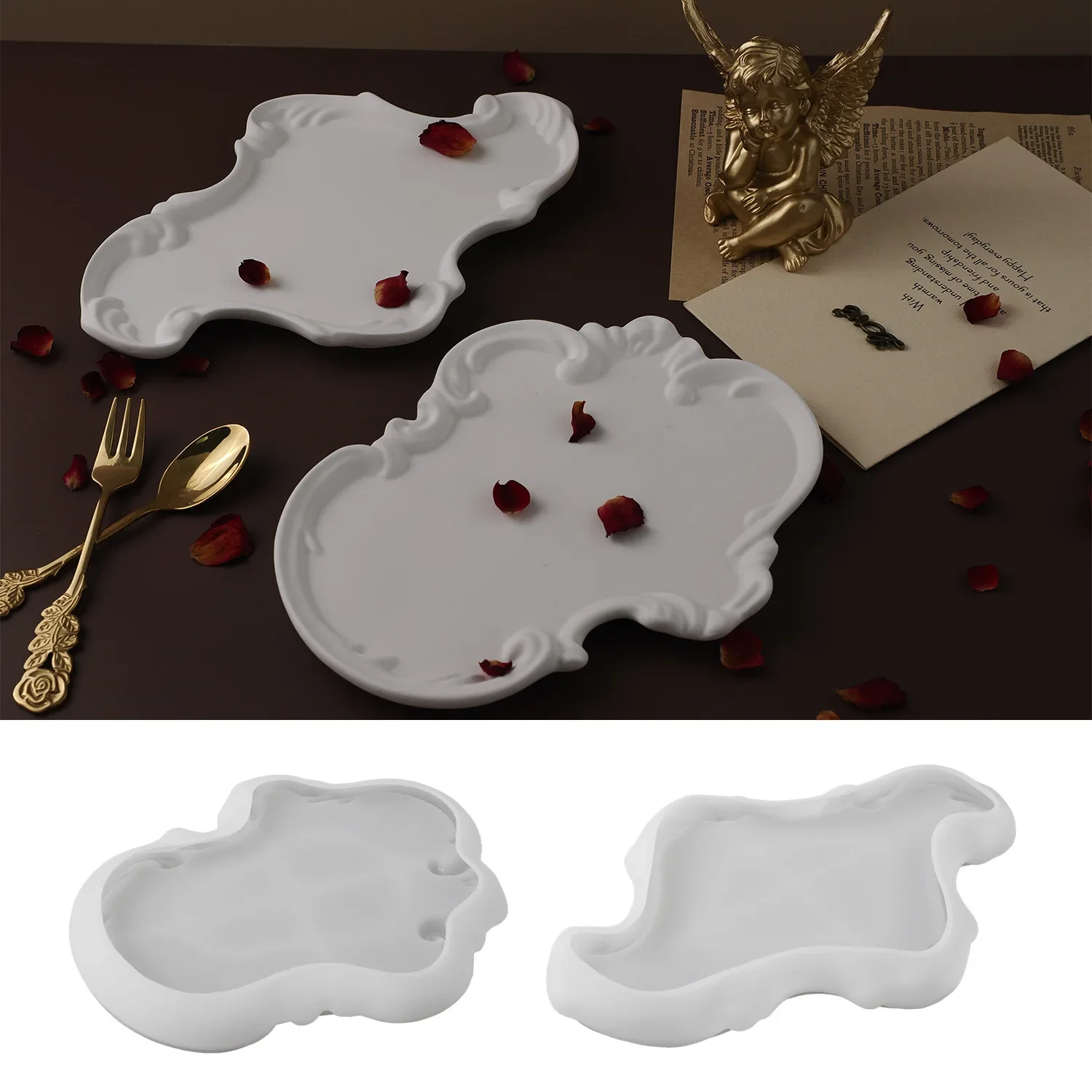 Creative DIY Crystal Drop Glue Gypsum Cement European Lace Embossed Tray Dish Storage Tray Mirror Silicone Mold