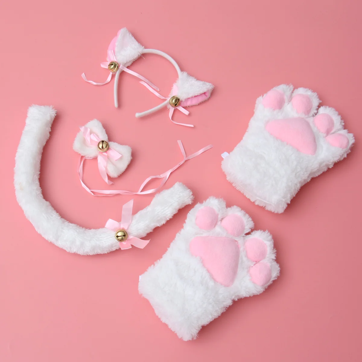 

5 шт., перчатки с кошачьей лапой, костюм с ушками, воротник, белый костюм для косплея, наряд для вечеринки, аксессуары, костюм для косплея кошки