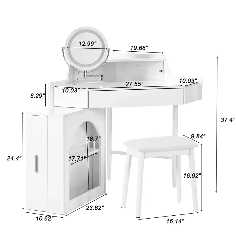Corner Makeup Vanity Desk With Mirror & LED Lights Dressing Table Brightness Adjustable Folding Mirror, White