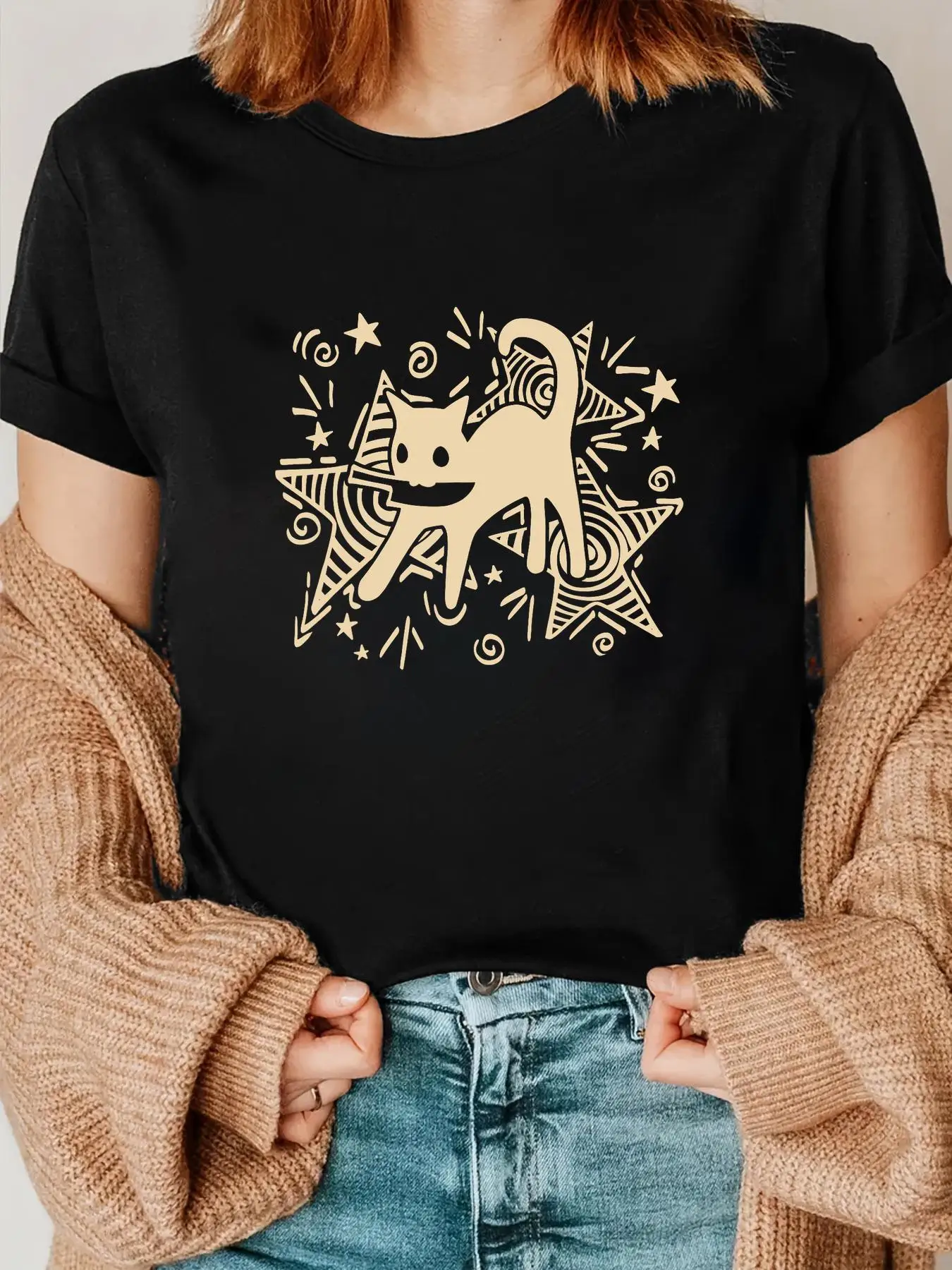 Y2K 90s Cute Playful Tomcat Cat with Knife Under Starry Women's Basic T Shirt Crew Neck Short Sleeve Casual Fashion Tops