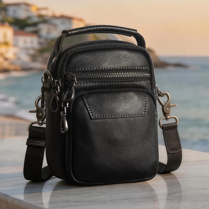 Multifunctional Men's Waist Bag Simple 100% Genuine Leather Belt Phone Pouch Cowhide Leather Crossbody Bag for Outdoors Summer