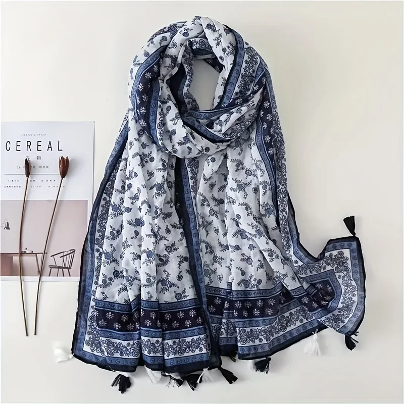 Dark Blue Floral Print Scarf Vintage Tassel Shawl Casual Windproof Head Wrap Sunscreen Travel Beach Towel For Women