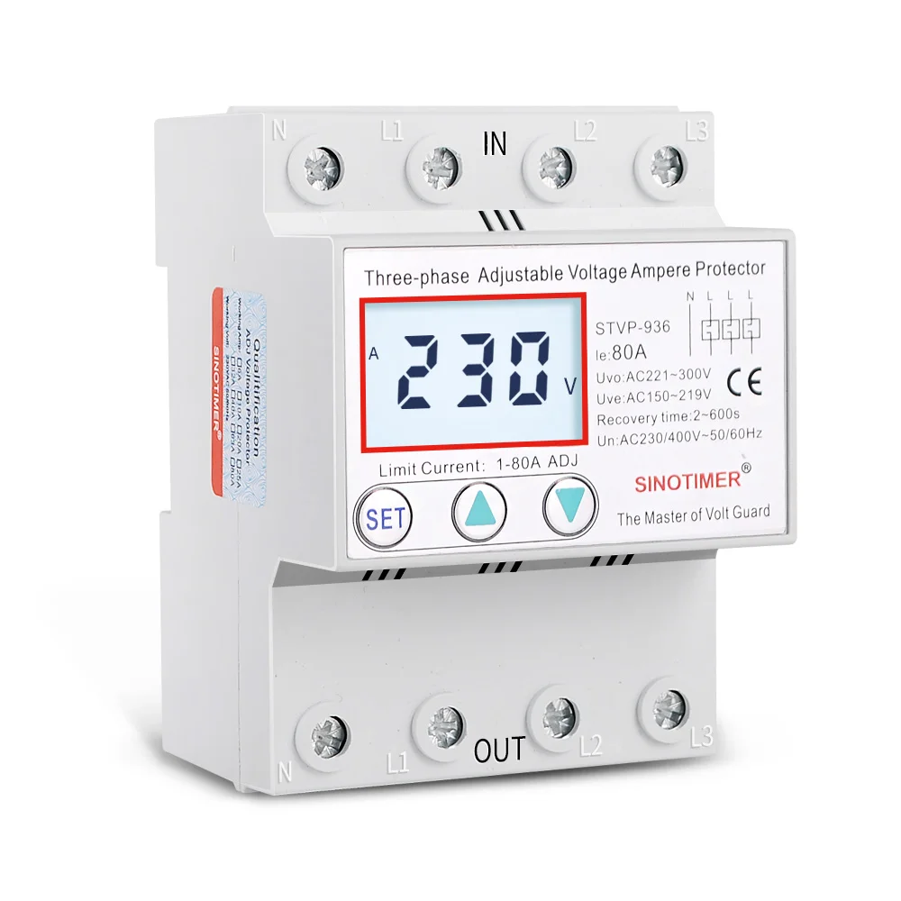 Backlights LCD Display Din Rail Three Phase AC 380V 80A  Voltage Surge Protector Relay with Limit Current Protection