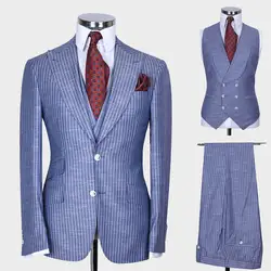 Groom Men Wedding Suits 3 Pieces Custom Made Striped Peaked Lapel Formal Tuxedos For Business Groomsman Wear Party Birthday
