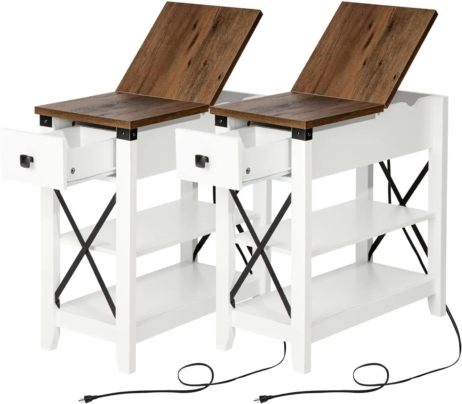 End Table with Charging Station - Farmhouse Slim Side Table Set of 2, w/USB Ports Power Outlets, Nightstand w/Flip Top St