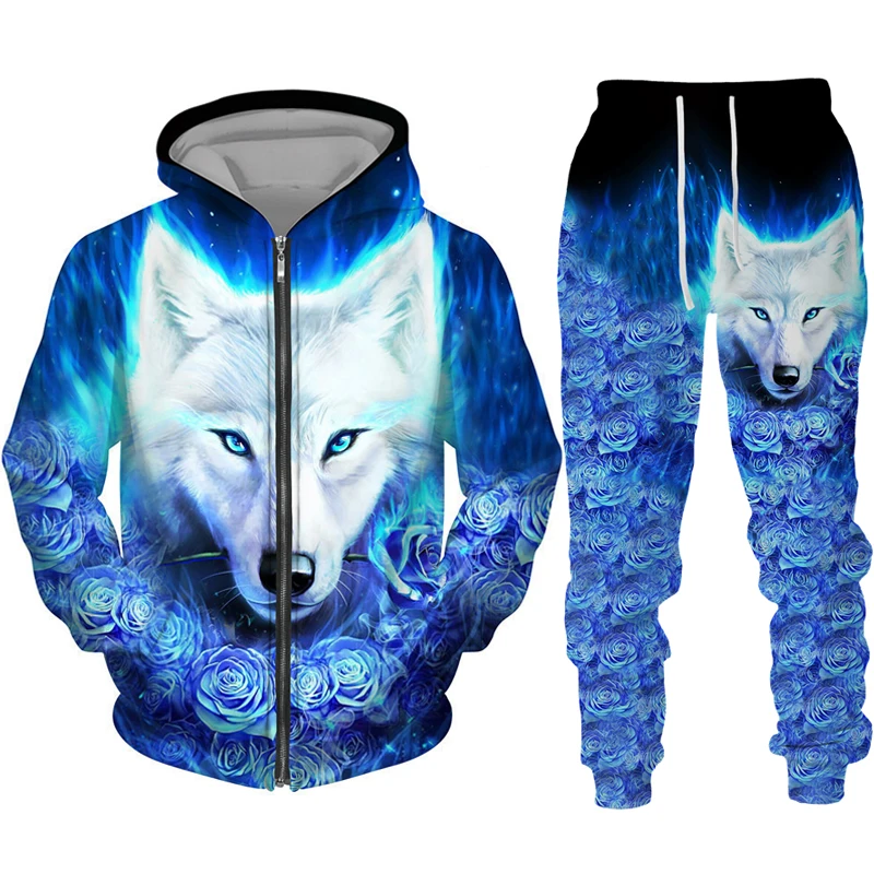 Europe And America Men\'s Autumn Hoodie Zipper Suit 3D Printed Fierce Wolf Fashion Trend Clothing Sports Street Wear Men\'s Suit