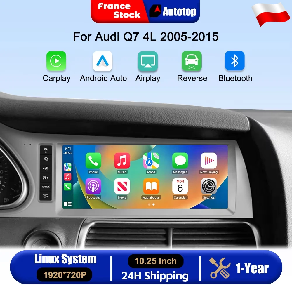 Bezprzewodowy CarPlay Android Auto 10,25-calowy ekran dotykowy do Audi Q7 4L 2005-2015 z oryginalnym ekranem samochodowym, inteligentne systemy samochodowe, inteligentne multimedia, radio samochodowe