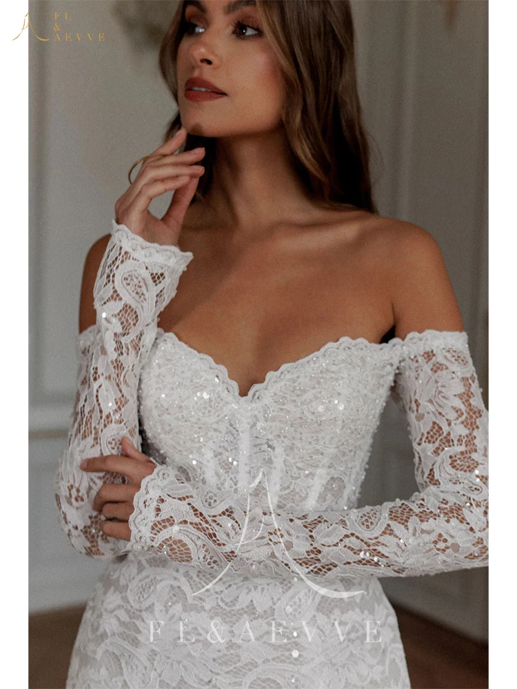 Short Off Shoulder Wedding Dress Mermaid Lace Bridal Gown Long Sleeves Women Lace Up Bride Dresses Prom Party Dress Customized