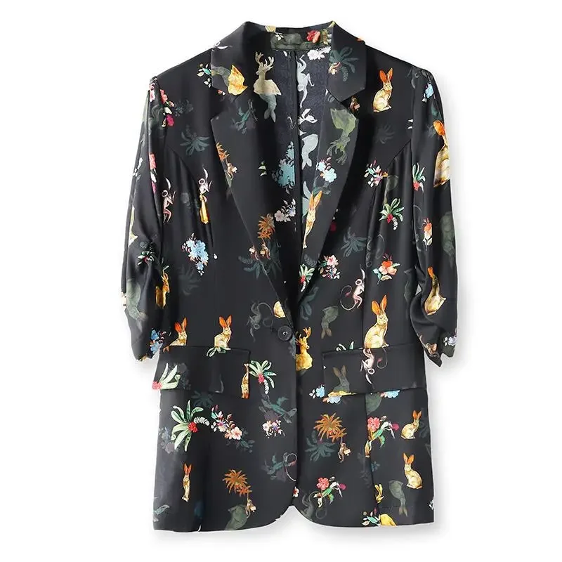 Spring Summer Notched Three Quarter Fashion Blazers Women Street Button Cardigan Elegant Printing Office All-match Tops B266