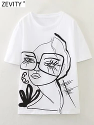 Zevity New 2023 Women Fashion Abstract Girl Print Casual White T Shirt Female Basic O Neck Short Sleeve Chic Leisure Tops T5094