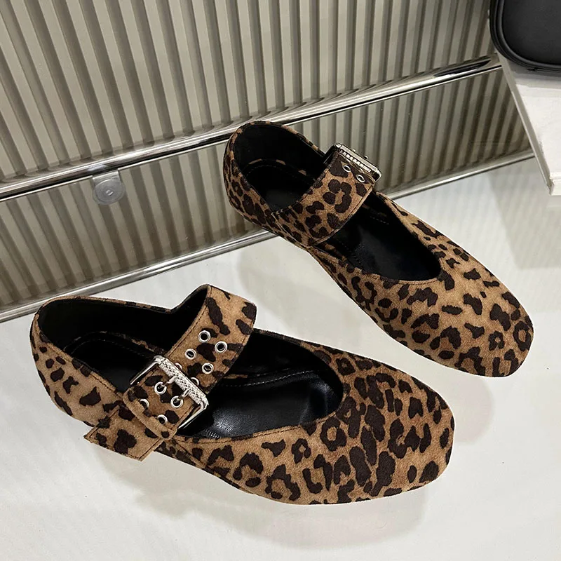 Designer Fashion Buckle Strap Mary Janes Women Flats Shoes Dress Footwear Leopard Print Female Soft Round Toe Ladies Flats Shoes