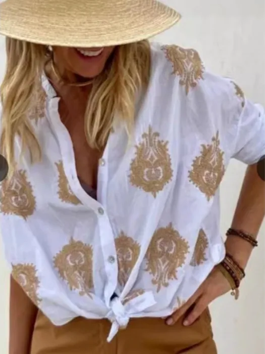 

Loose Long Sve round Ne Printed irt Single Button Casual Sle Women's Faion Spring New Arrival Top Polyester Fiber