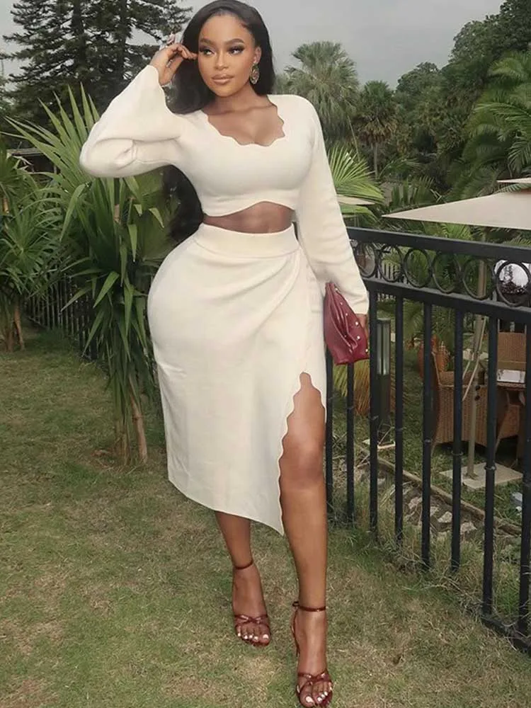 Summer 2 Piece Outfits Woman Square Collar Long Sleeve Top Slimming and Slit Dress Chic Elegant Women Sets Skirt Beige