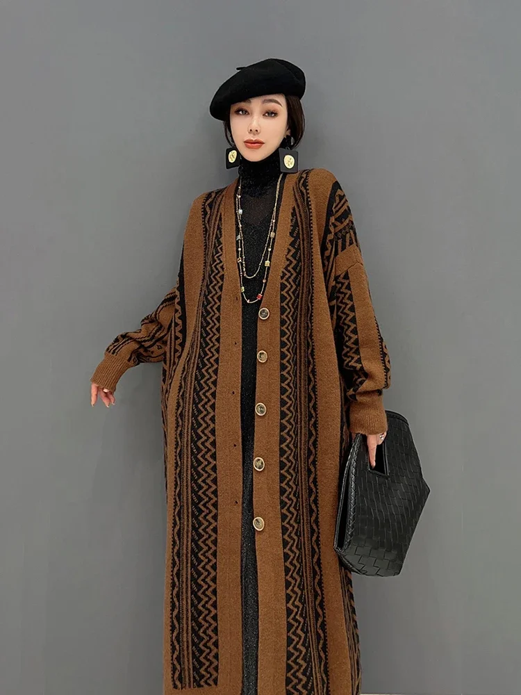 XITAO Vintage Knitting Cardigan Fashion Contrast Color Spicing Long Women Sweater Coat 2024 Spring New All-match WLD10022