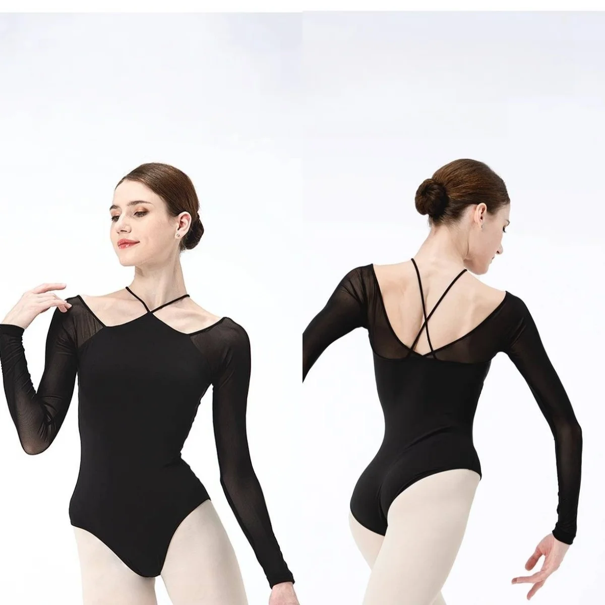

Women Ballet Leotard Adult Cross Strap Long Sleeve Fixed Built-in Bra One-Piece for Gymnastics Yoga Jazz Dance Girls